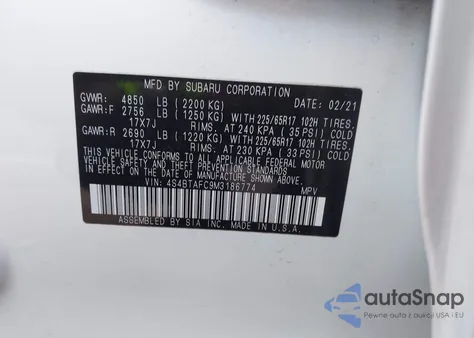 2021 Subaru Outback Premium z USA, uszkodzony, nr VIN 4S4BTAFC9M3186774